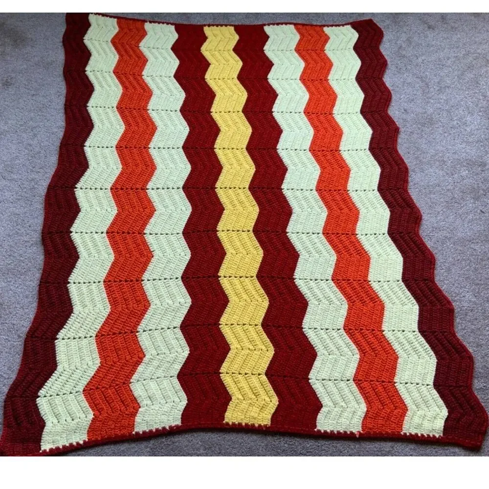 CROCHETED Chevron Crib Lap Blanket Afghan Hand Made In Autumnal Colors. 56”x46”